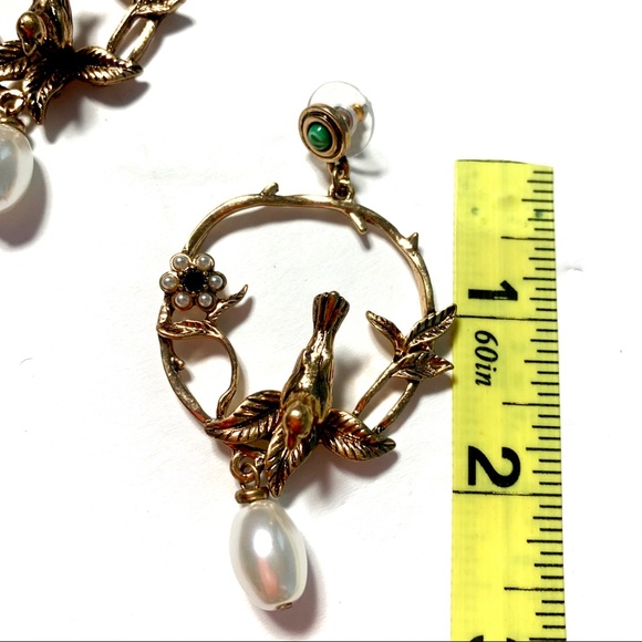 Gold Circle Hoop Drop Bird Branch Pearl Earrings - Picture 6 of 8